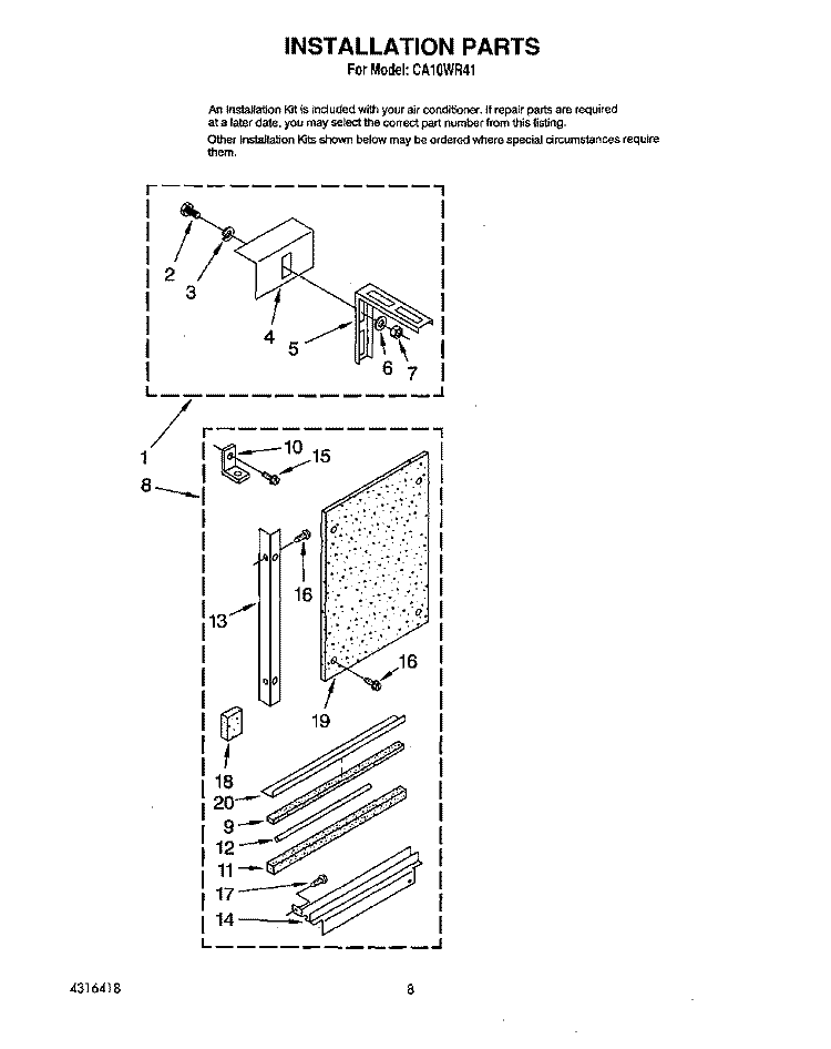 INSTALLATION Diagram and Parts List for CA10WR41  Whirlpool Air Conditioner