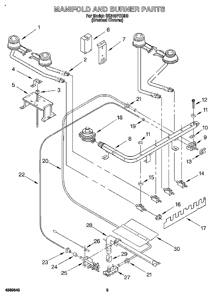 MANIFOLD AND BURNER Diagram and Parts List for SS310PEBH0  Whirlpool Range