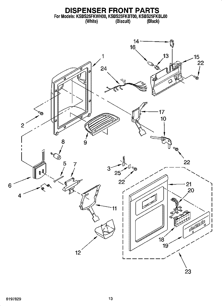 DISPENSER FRONT PARTS Diagram and Parts List for KSBS25FKBT00  KitchenAid Refrigerator