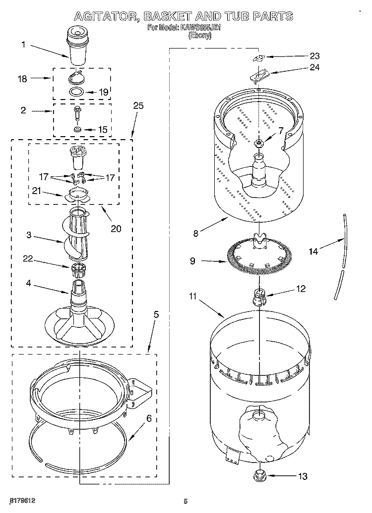 AGITATOR, BASKET AND TUB Diagram and Parts List for KAWS855JE1  KitchenAid Washer