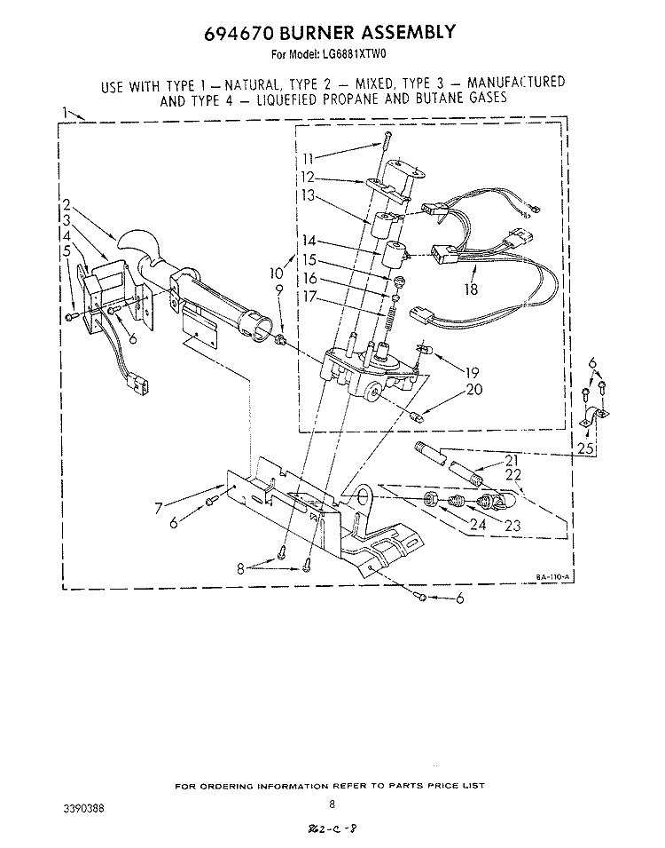 694670 BURNER Diagram and Parts List for LG6881XTG0  Whirlpool Dryer