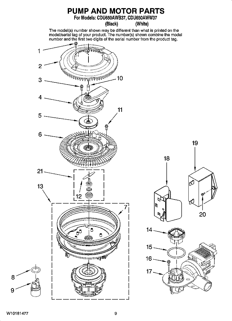 PUMP AND MOTOR PARTS Diagram and Parts List for CDU650AWB37  Crosley Dishwasher