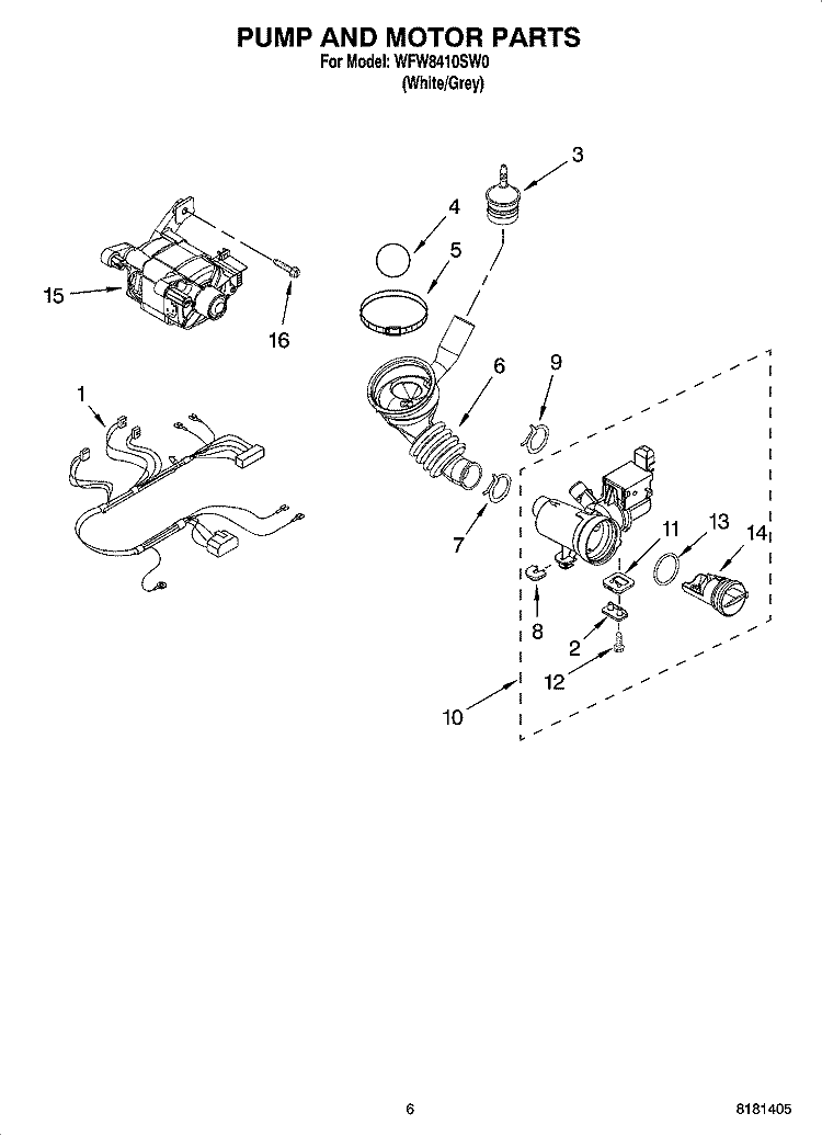 PUMP AND MOTOR PARTS Diagram and Parts List for WFW8410SW0  Whirlpool Washer