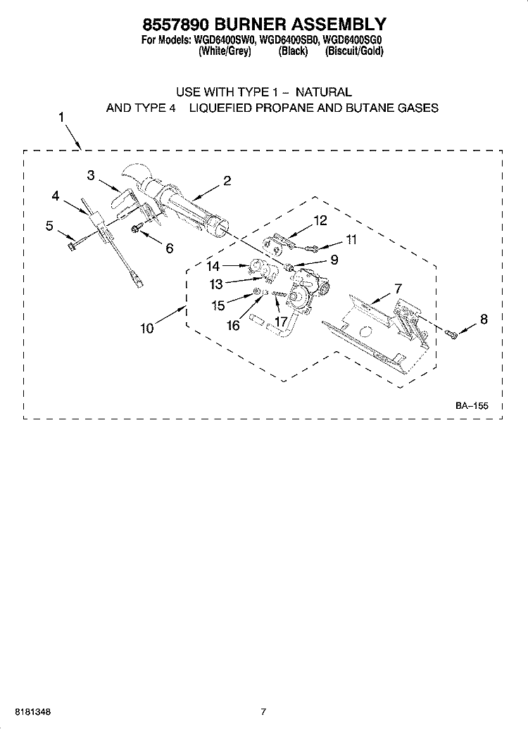 8557890 BURNER ASSEMBLY, OPTIONAL PARTS (NOT INCLUDED) Diagram and Parts List for WGD6400SB0  Whirlpool Dryer