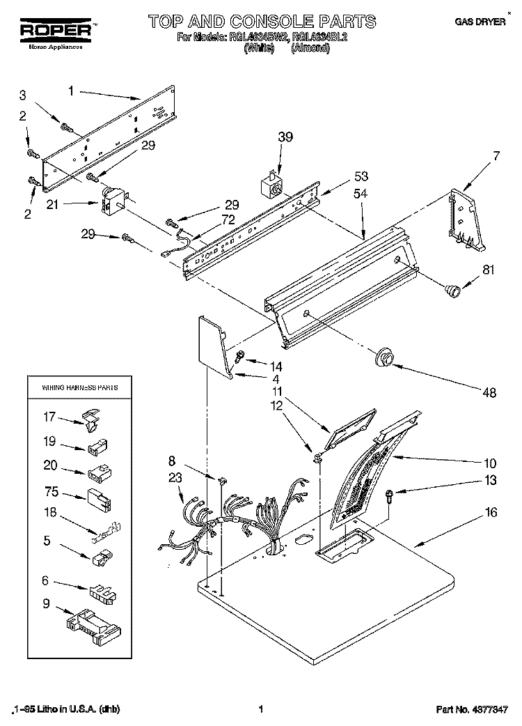 TOP AND CONSOLE, LIT/OPTIONAL Diagram and Parts List for RGL4634BL2  Roper Dryer