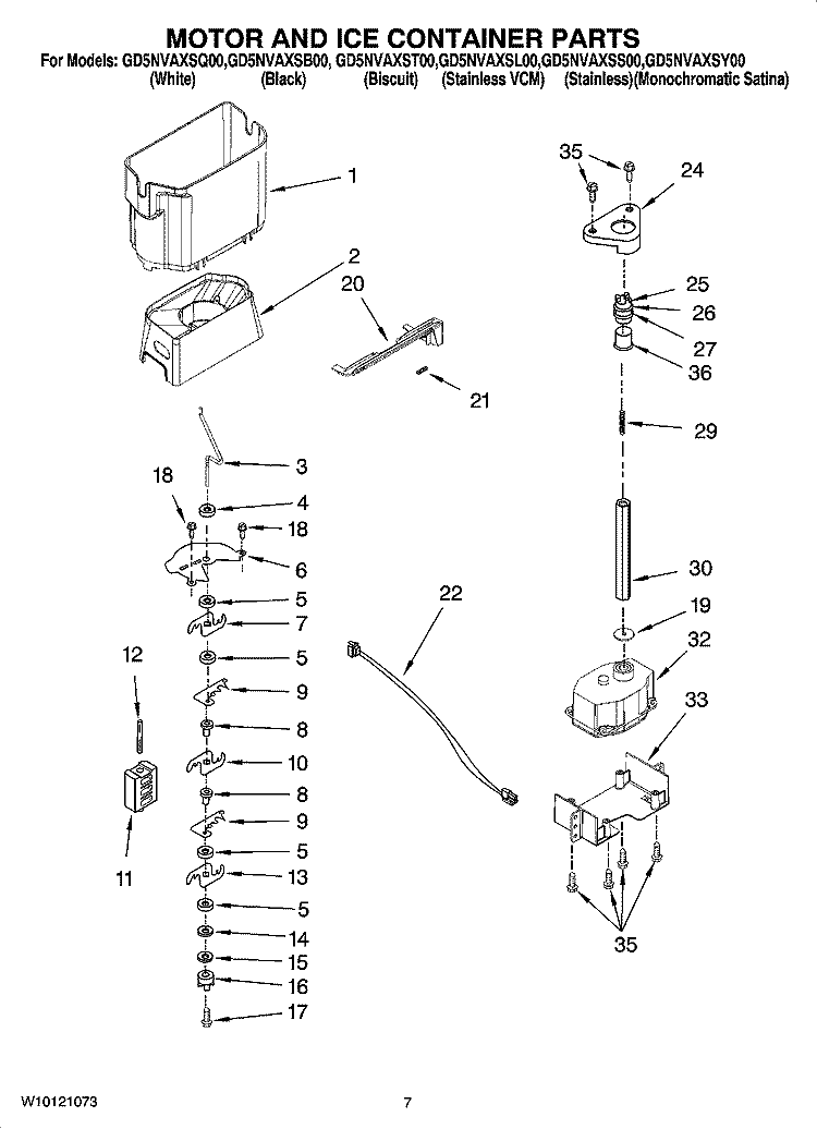 MOTOR AND ICE CONTAINER PARTS Diagram and Parts List for GD5NVAXSS00  Whirlpool Refrigerator