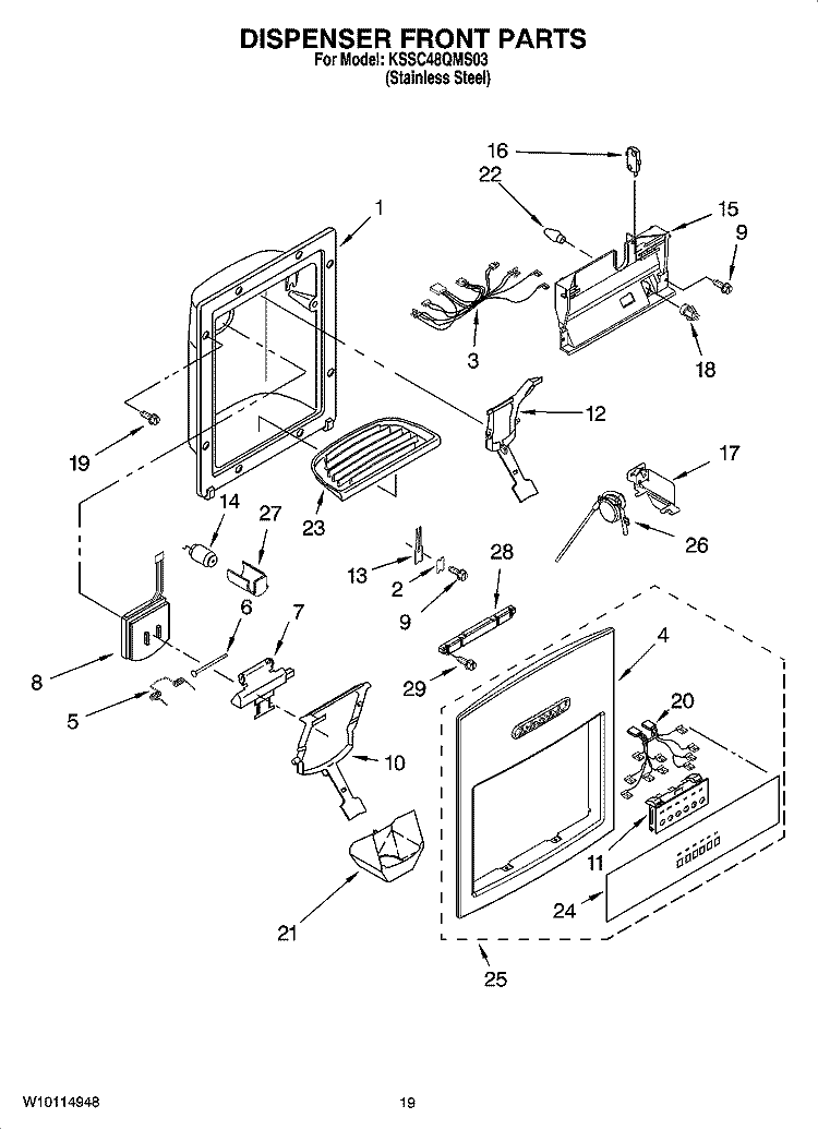 DISPENSER AND FRONT PARTS Diagram and Parts List for KSSC48QMS03  KitchenAid Refrigerator