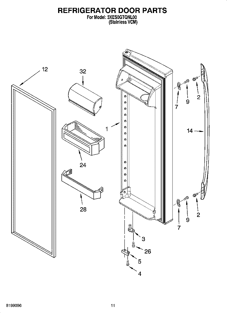 REFRIGERATOR DOOR PARTS Diagram and Parts List for 3XES0GTQNL00  Whirlpool Refrigerator