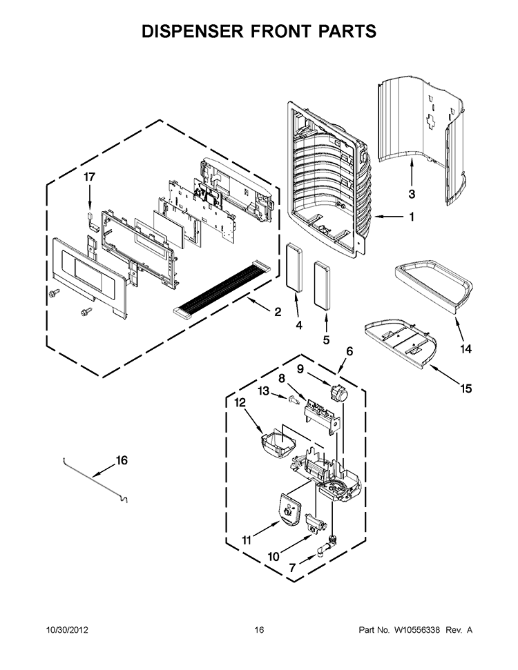 DISPENSER FRONT PARTS Diagram and Parts List for GI6FDRXXB09  Whirlpool Refrigerator