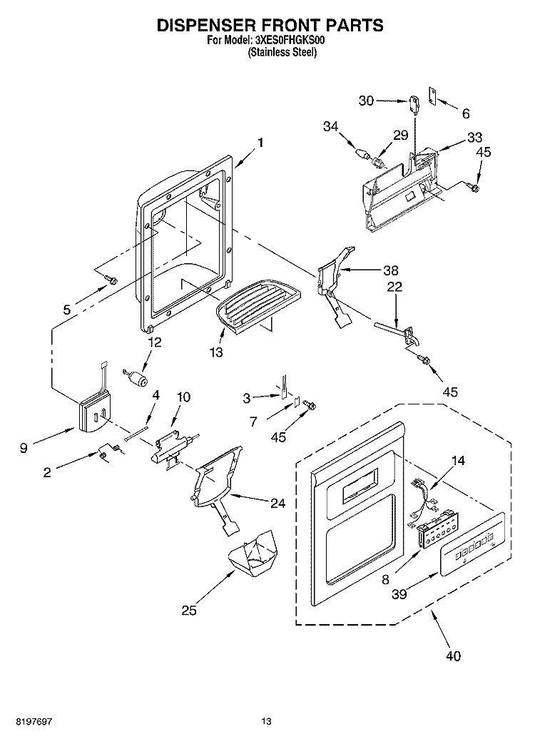 DISPENSER FRONT Diagram and Parts List for 3XES0FHGKS00  Whirlpool Refrigerator