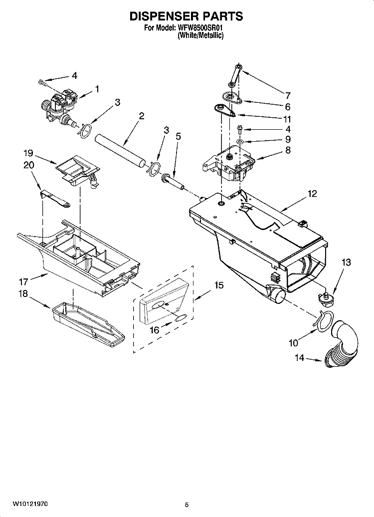 DISPENSER PARTS Diagram and Parts List for WFW8500SR01  Whirlpool Washer