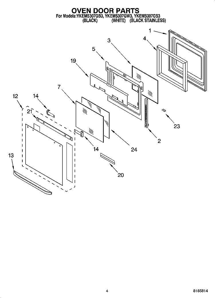 OVEN DOOR PARTS Diagram and Parts List for YKEMS307GS3  KitchenAid Microwave Oven Combo
