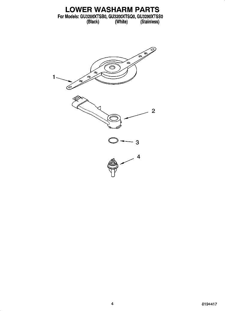 LOWER WASHARM PARTS Diagram and Parts List for GU3200XTSS0  Whirlpool Dishwasher