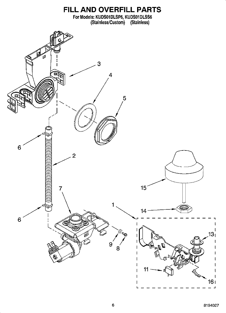 FILL AND OVERFILL PARTS Diagram and Parts List for KUDS01DLSP6  KitchenAid Dishwasher