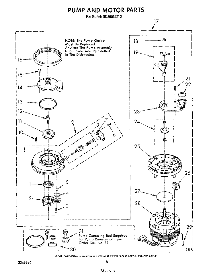 PUMP AND MOTOR Diagram and Parts List for DU8500XT2  Whirlpool Dishwasher