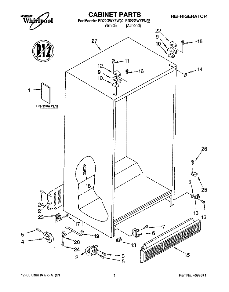 CABINET, LITERATURE Diagram and Parts List for ED22GWXFN02  Whirlpool Refrigerator