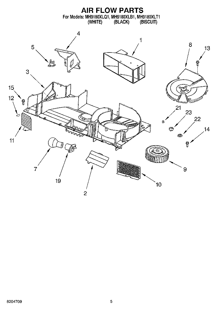 AIR FLOW PARTS Diagram and Parts List for MH9180XLT1  Whirlpool Microwave