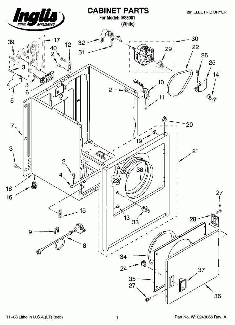 CABINET PARTS Diagram and Parts List for IV85001  Inglis Dryer