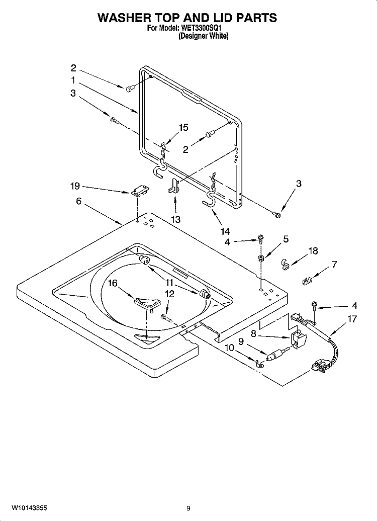 WASHER TOP AND LID PARTS Diagram and Parts List for WET3300SQ1  Whirlpool Washer Dryer Combo