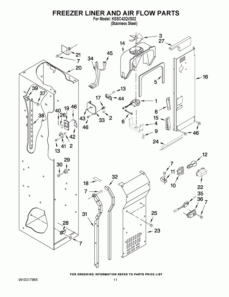 FREEZER LINER AND AIR FLOW PARTS Diagram and Parts List for KSSC42QVS02  KitchenAid Refrigerator