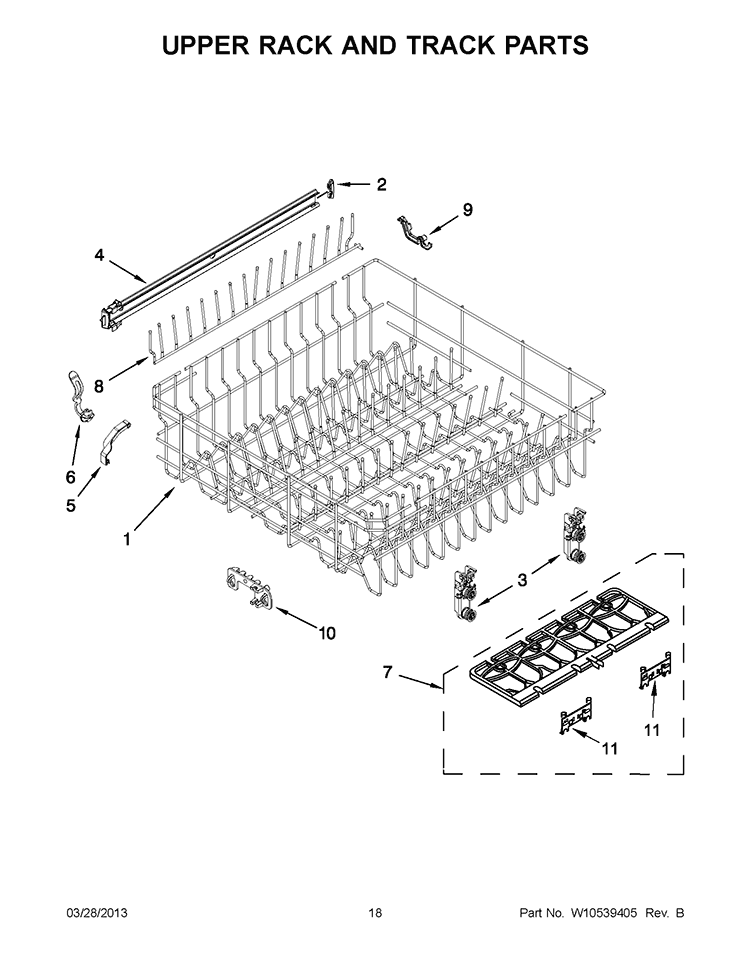UPPER RACK AND TRACK PARTS Diagram and Parts List for WDL785SAAM1  Whirlpool Dishwasher