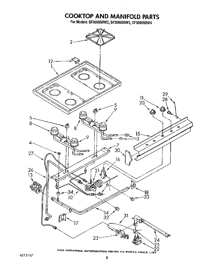 COOKTOP AND MANIFOLD, LIT/OPTIONAL Diagram and Parts List for SF3000SRW2  Whirlpool Range
