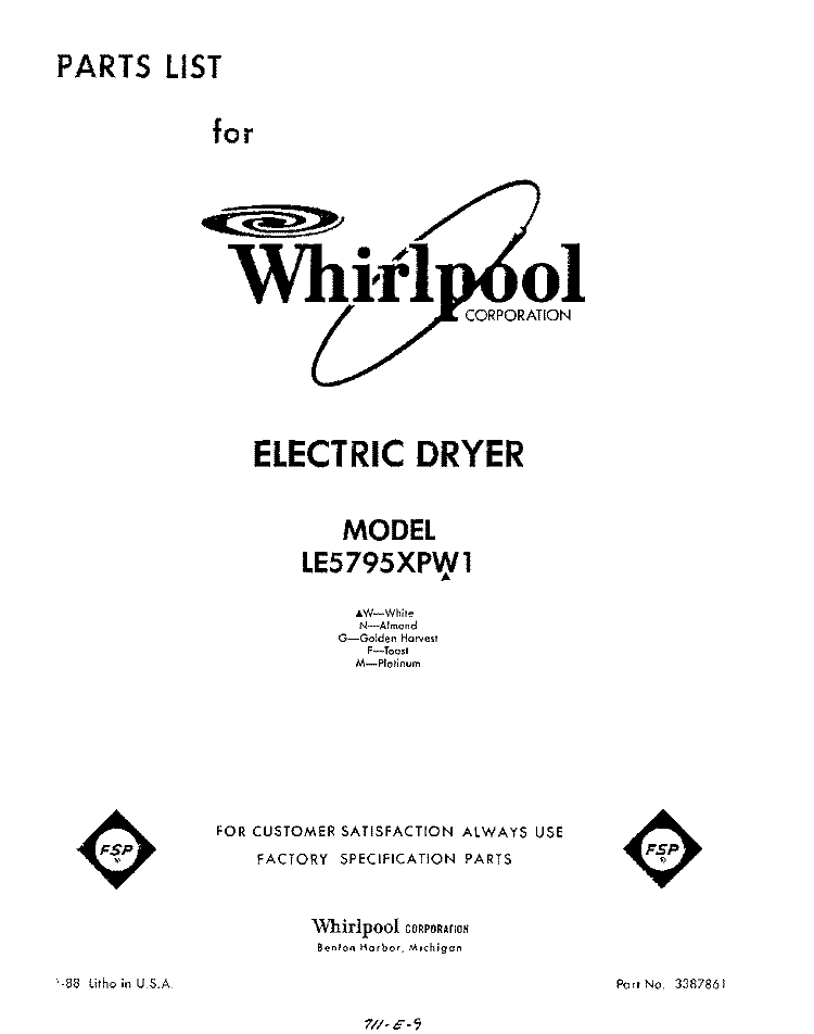 SECTION Diagram and Parts List for LE5795XPW1  Whirlpool Dryer