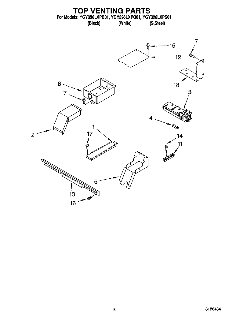 TOP VENTING PARTS, OPTIONAL PARTS (NOT INCLUDED) Diagram and Parts List for YGY396LXPQ01  Whirlpool Range