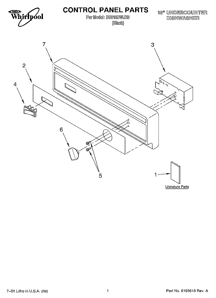 CONTROL PANEL, LITERATURE Diagram and Parts List for DU018DWJX0  Whirlpool Dishwasher