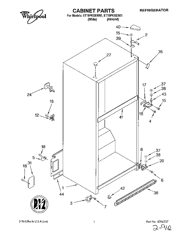CABINET Diagram and Parts List for ET19PKXEN01  Whirlpool Refrigerator