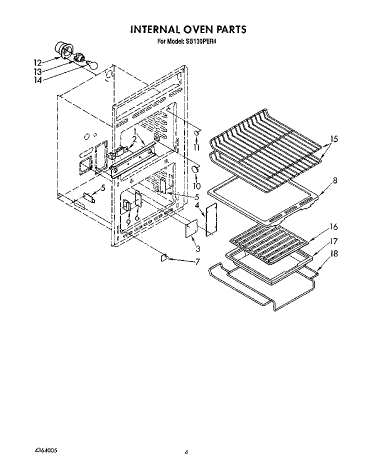 INTERNAL OVEN Diagram and Parts List for SB130PER4  Whirlpool Wall Oven