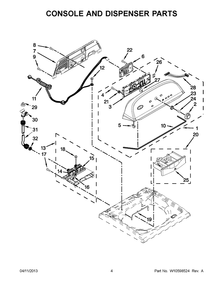 CONSOLE AND DISPENSER PARTS Diagram and Parts List for 2DWTW5500XW1  Whirlpool Washer
