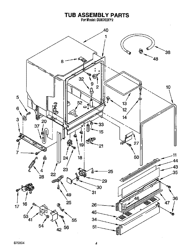 TUB Diagram and Parts List for DU8700XY2  Whirlpool Dishwasher