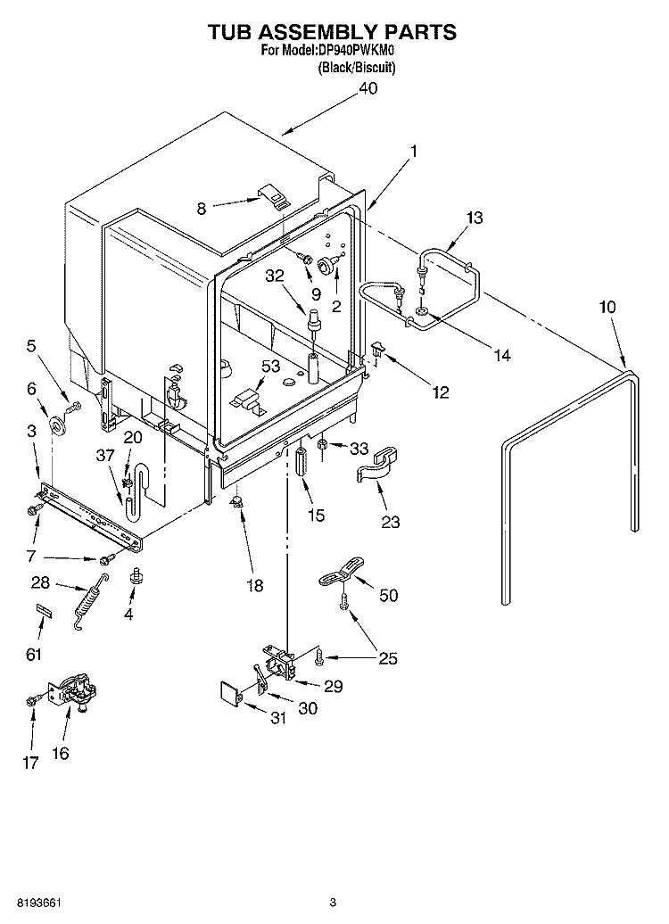 TUB ASSEMBLY Diagram and Parts List for DP940PWKM0  Whirlpool Dishwasher