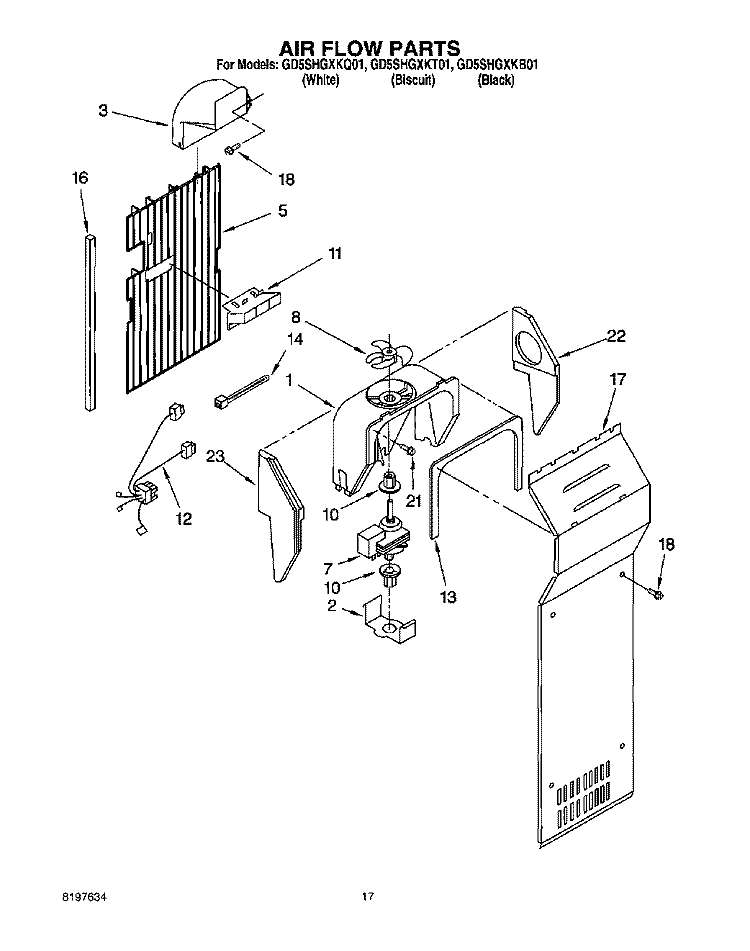 AIR FLOW Diagram and Parts List for GD5SHGXKQ01  Whirlpool Refrigerator