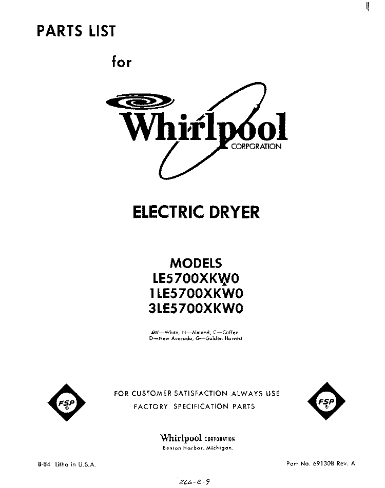 SECTION Diagram and Parts List for 1LE5700XKW0  Whirlpool Dryer