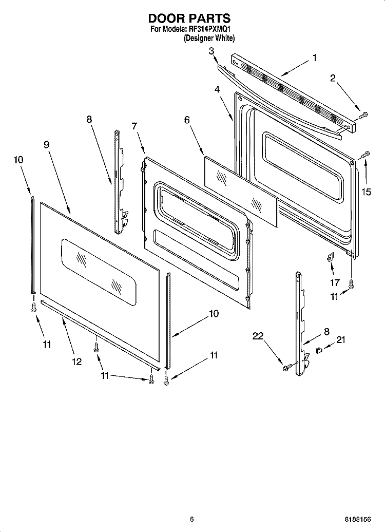 DOOR PARTS, OPTIONAL PARTS Diagram and Parts List for RF314PXMQ1  Whirlpool Range