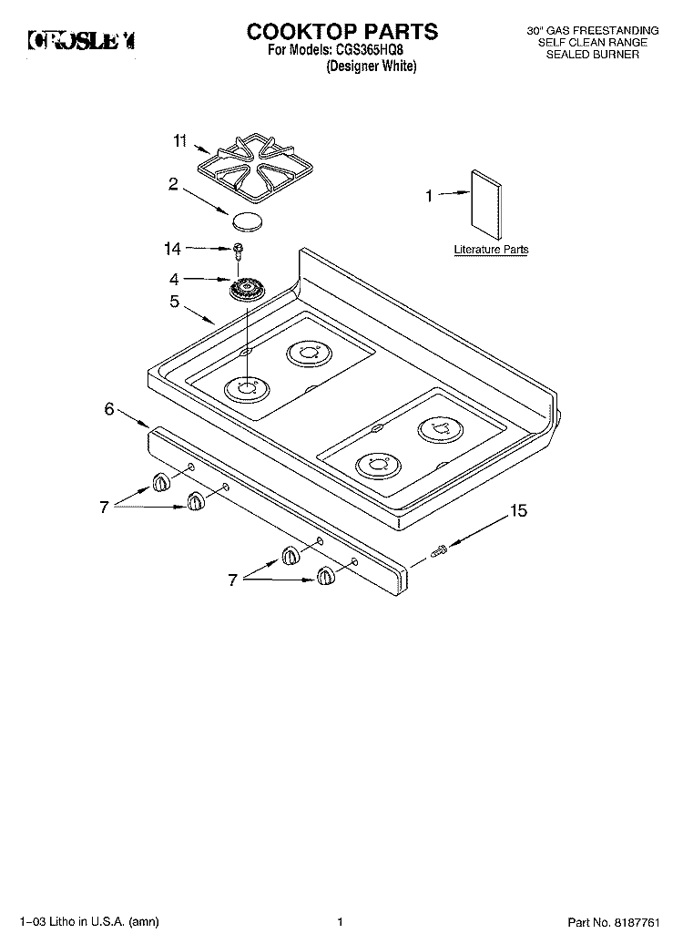 COOKTOP PARTS Diagram and Parts List for CGS365HQ8  Crosley Range