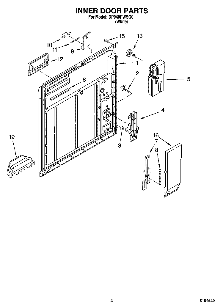 INNER DOOR PARTS Diagram and Parts List for DP940PWSQ0  Whirlpool Dishwasher