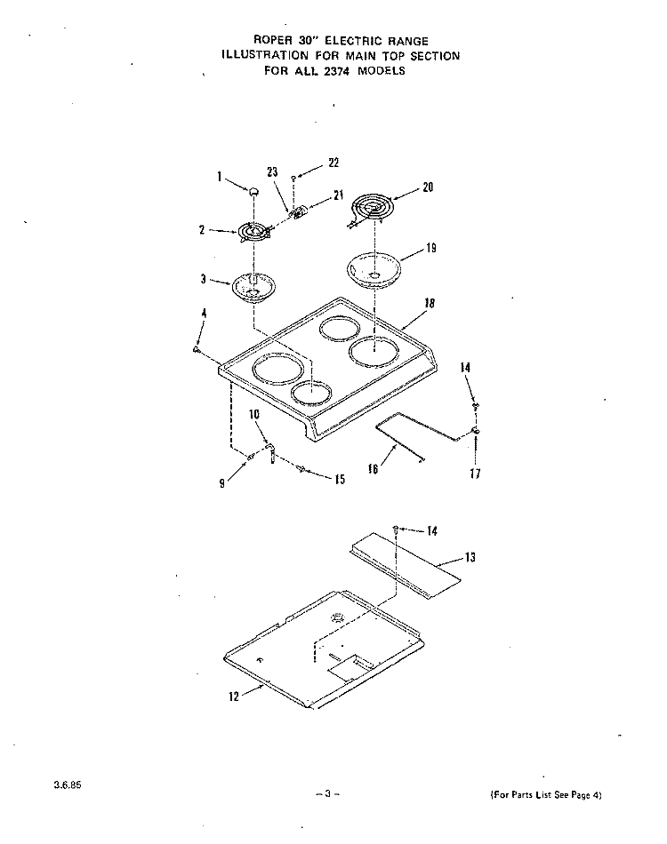 MAIN TOP Diagram and Parts List for 2374W1A  Roper Range