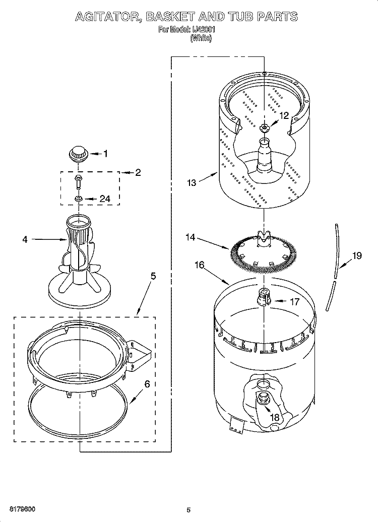 AGITATOR, BASKET AND TUB PARTS Diagram and Parts List for IJ42001  Inglis Washer