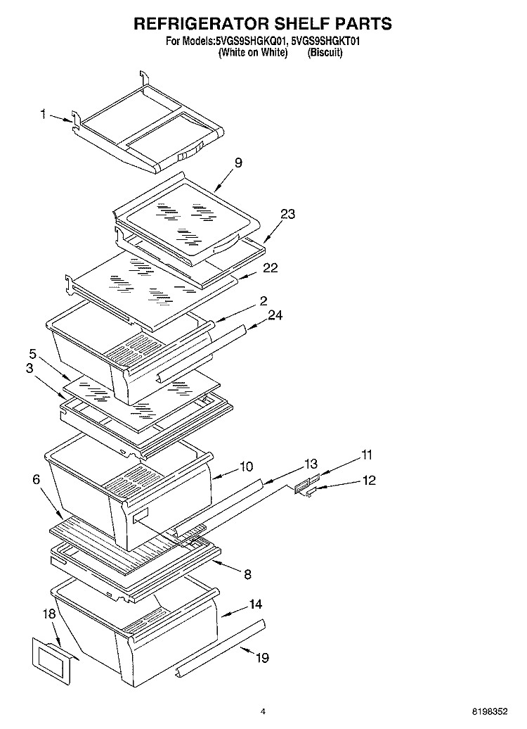 REFRIGERATOR SHELF Diagram and Parts List for 5VGS9SHGKQ01  Whirlpool Refrigerator