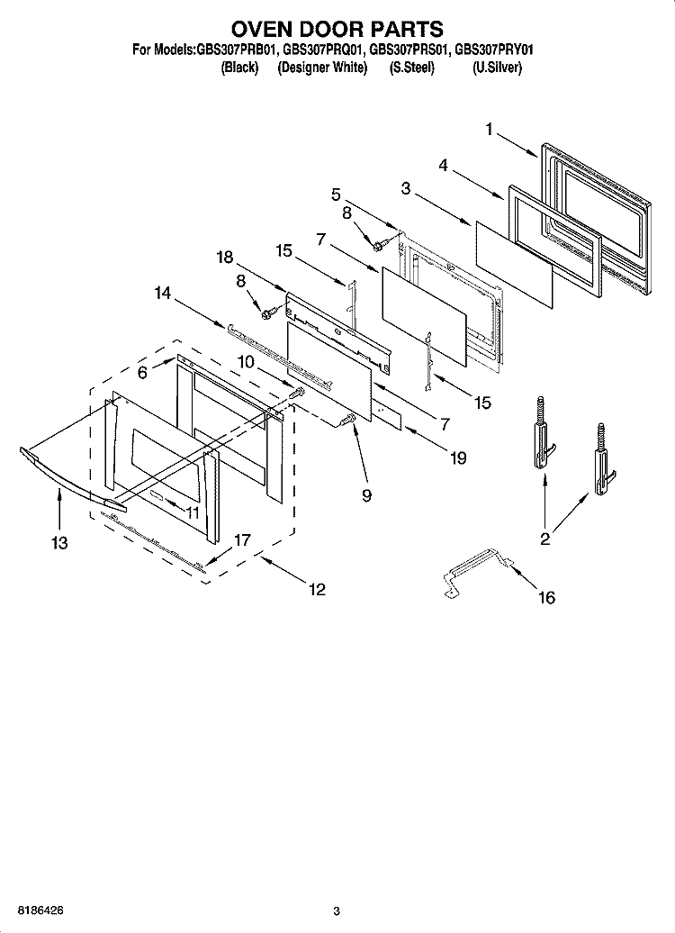 OVEN DOOR PARTS Diagram and Parts List for GBS307PRB01  Whirlpool Wall Oven