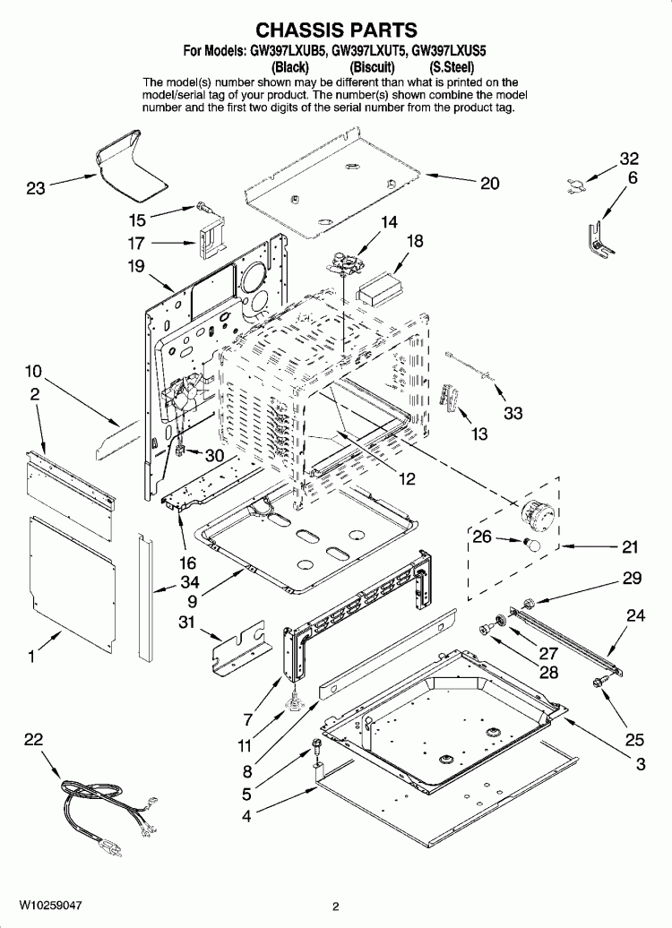 CHASSIS PARTS Diagram and Parts List for GW397LXUT5  Whirlpool Range