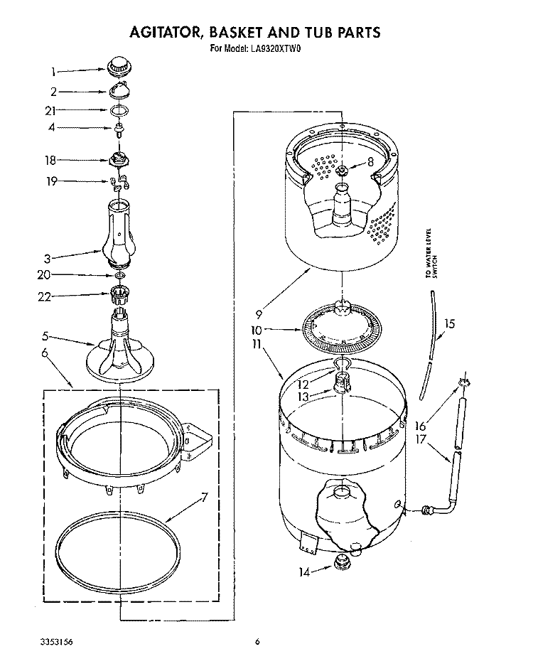 AGITATOR, BASKET AND TUB Diagram and Parts List for LA9320XTW0  Whirlpool Washer
