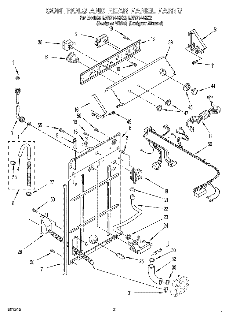 CONTROLS AND REAR PANEL Diagram and Parts List for LXR7144EQ2  Whirlpool Washer