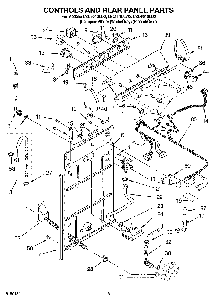 CONTROLS AND REAR PANEL PARTS Diagram and Parts List for LSQ9010LG2  Whirlpool Washer