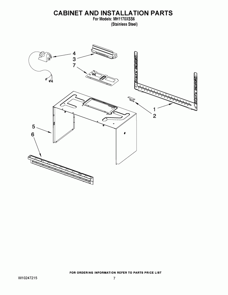 CABINET AND INSTALLATION PARTS Diagram and Parts List for MH1170XSS6  Whirlpool Microwave