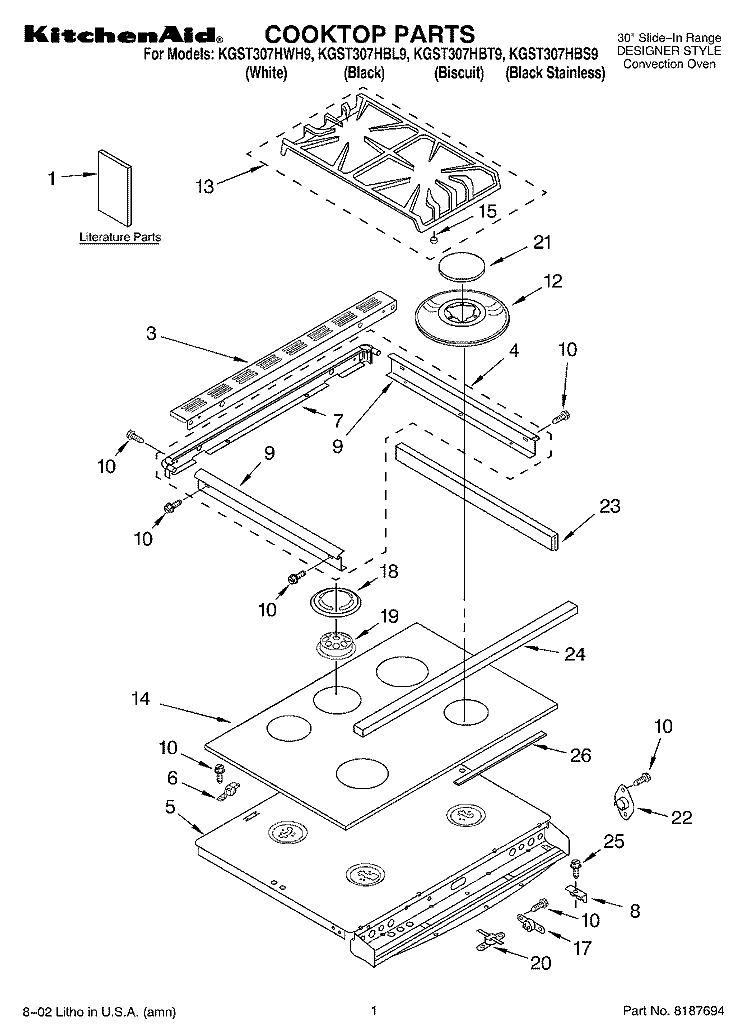 COOKTOP, LITERATURE Diagram and Parts List for KGST307HBT9  KitchenAid Range