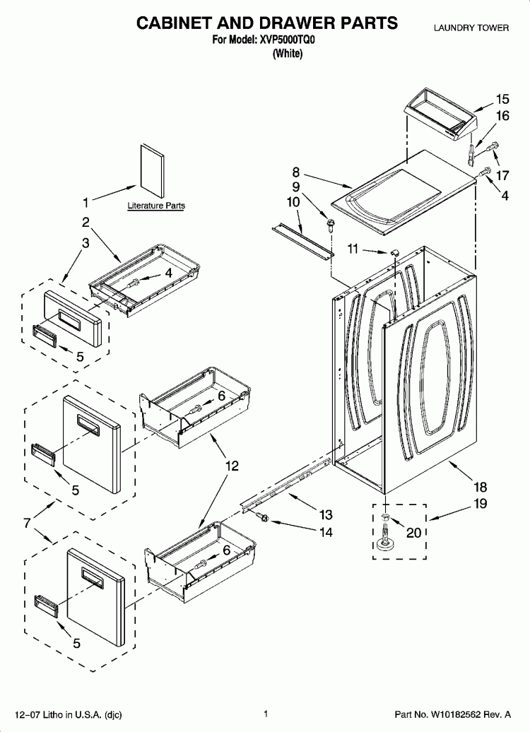 CABINET AND DRAWER PARTS Diagram and Parts List for XVP5000TQ0  Whirlpool Washer Dryer Combo